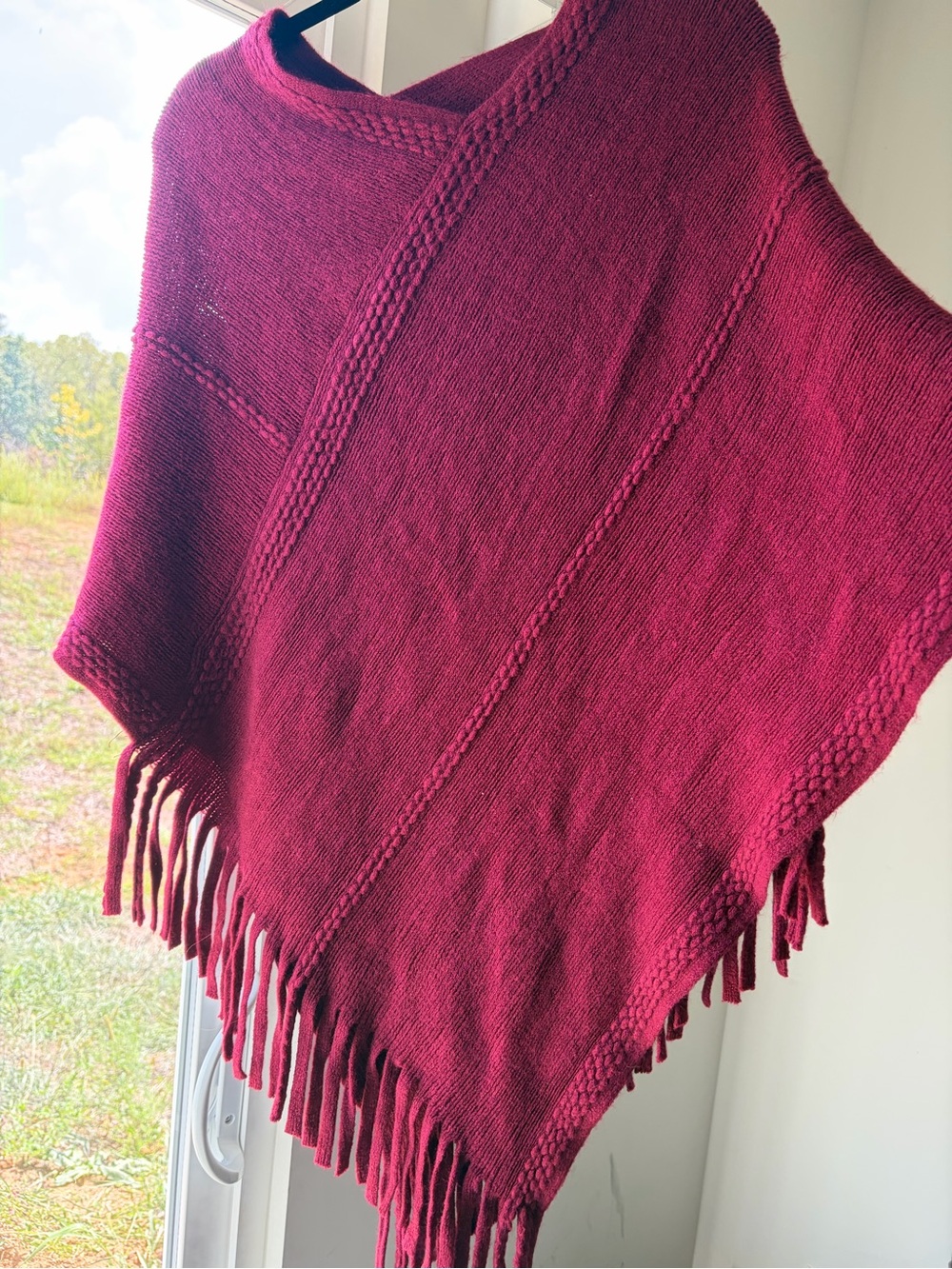 Fringed Knit Poncho - Burgundy